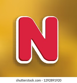 Letter N sign design template element. Vector. Magenta icon with darker shadow, white sticker and black popart shadow on golden background.