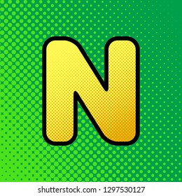 Letter N sign design template element. Vector. Pop art orange to yellow dots-gradient icon with black contour at greenish background.