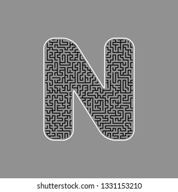 Letter N sign design template element. Vector. Black maze filled icon with white border at gray background.