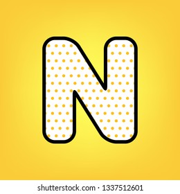 Letter N sign design template element. Vector. Yellow polka dot white icon with black contour at warm yellow background.