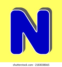 Letter N sign design template element. Blue Icon with white stroke in 3d at yellow Background. Illustration.