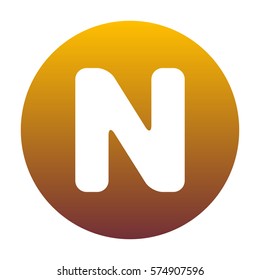 Letter N sign design template element. White icon in circle with golden gradient as background. Isolated.
