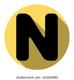 Letter N sign design template element. Vector. Flat black icon with flat shadow on royal yellow circle with white background. Isolated.