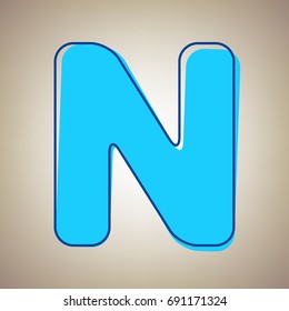 Letter N sign design template element. Vector. Sky blue icon with defected blue contour on beige background.