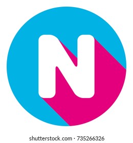 Letter N sign design template element. Vector. Flat white icon with mexican pink shadow inside sky blue(S and G) circle at white background. Isolated. Trend colors in 2017.