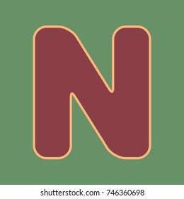 Letter N sign design template element. Vector. Cordovan icon and mellow apricot halo with light khaki filled space at russian green background.