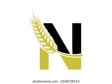 letter N sign symbol with wheat ears wreath. Agriculture Logo Farming Template Vector Symbol