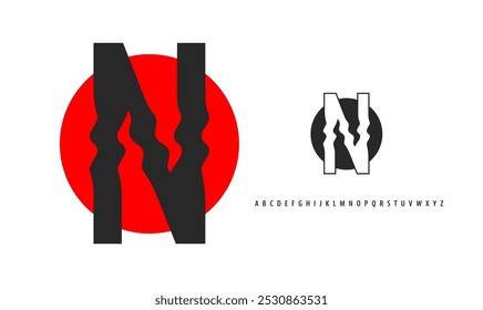 Letter N silhouette on red sun, twisting alphabet. Japanese logo for sushi roll restaurant logo, asian cultural event logotype. Vector logo and typeset