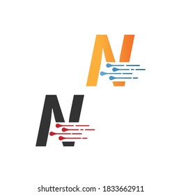 Letter  N simple  tech logo with circuit lines style icon template