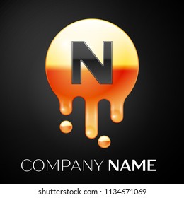 Letter N splash logo. Golden dots and bubbles letter design on black background. Vector Illustration
