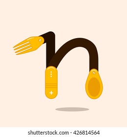 Letter N with spoon and fork. Letter spoon logo illustration for your identity or restaurant