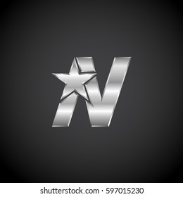 Letter N Star with metallic texture,3d Glossy, metal texture, Silver, steel logotype