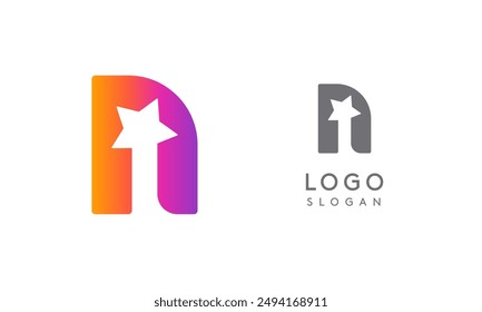 Letra n con estrella, logotipo vibrante de color degradado para medios de comunicación, entretenimiento, tecnología, inicio, redes sociales, comunicación, industrias de marketing digital. Ilustración vectorial