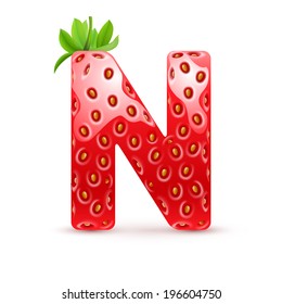 Letter N in strawberry style with green leaves