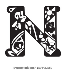 Letter N. Stylized: bees, flowers, sun, patterns inside the letter. Black and white vector illustration. Isolated on a white background.