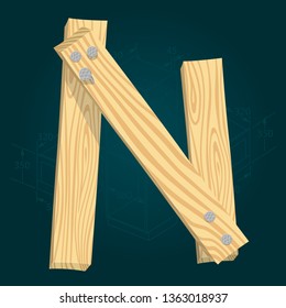 Letter N - stylized vector font made from wooden planks hammered with iron nails.