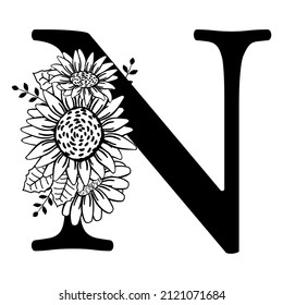 Letter N with sunflowers. Farmhouse monogram in vintage style. Black silhouette of letter for cutting on plotter, print. N symbol for family logo, name tag badge. Vector illustration isolated on white