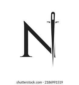 Logotipo de letra N Tailor, combinación de agujas y hilos para bordado, textil, de moda, de tela, plantilla de tela