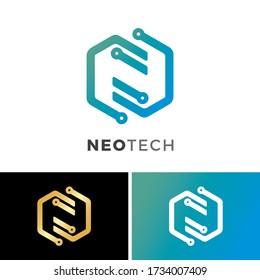 letter n technology logo design with line hexagonal shape