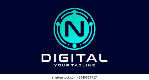 letter N technology logo. Digital font vector design for industry with circuit circles and dots, for digital, technology,data