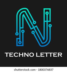 Plantilla de logotipo de tecnología de letra n. Tecnología de punto ausente y color azul gradiente. adecuado para la industria, web, ordenador, red, aplicación, móvil, medios médicos, eléctricos, energía, etc.