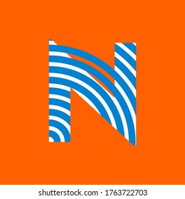 Letter N texture of curved lines in white and blue on orange background for party, editable vector
