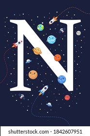 The letter N with the theme of outer space for Children. Letter graphic vector illustration for kids on outer space theme. space kids, letters for children.