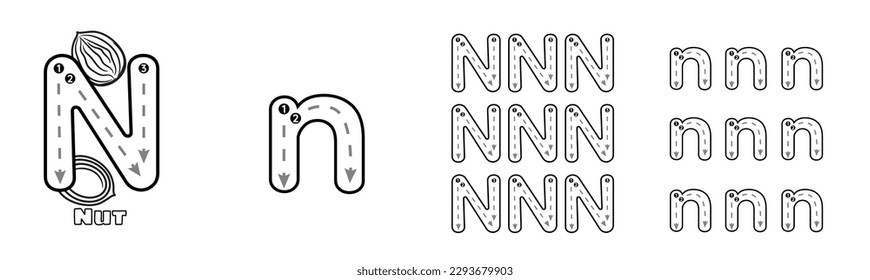 Letter N trace uppercase and lowercase ABC alphabet worksheet for kids English vocabulary. Handwriting tracing practice vector illustration. svg
