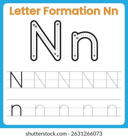 Letter N Tracing Worksheet for Kids – Uppercase and Lowercase Nn Handwriting Practice with Dotted Lines and Stroke Arrows – Preschool Alphabet Learning Printable
