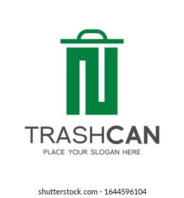 Letra N trash puede vectorial plantilla de logotipo. Este diseño utiliza el color verde y el tema de la naturaleza. Adecuado para reciclaje, reducción, fuente y texto.