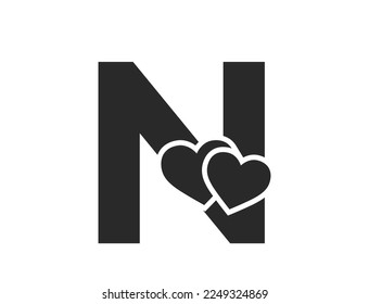 letter n with two hearts. initial letter for valentine's day design. romantic and love symbol. isolated vector image