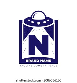 letter N UFO illustration for tee shirt and initial vector logo design