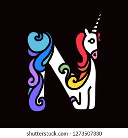 Letter "N" unicorn. Written by unicorns. Unicorn style letter. Fairytale font. Multicolored mane. Trend print on a T-shirt. Logo isolated on a black background. Metal pin. Unicorn alphabet.