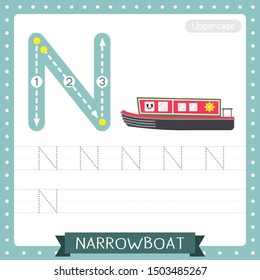 Letter N uppercase cute children colorful transportations ABC alphabet tracing practice worksheet of Narrowboat for kids learning English vocabulary and handwriting Vector Illustration.