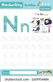 Letter N uppercase and lowercase cute children colorful ABC alphabet trace practice worksheet for kids learning English vocabulary and handwriting layout in A4 vector illustration.