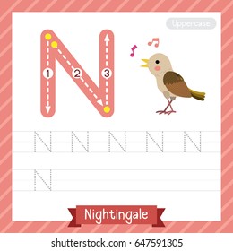 Letter N uppercase tracing practice worksheet with nightingale for kids learning to write. Vector Illustration.