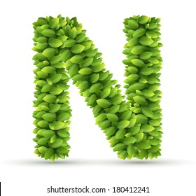 Letter N, vector alphabet of green leaves  on white background