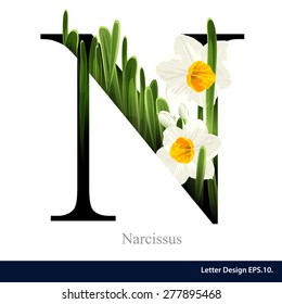 Letter N vector alphabet with narcissus flower. ABC concept type as logo. Typography design