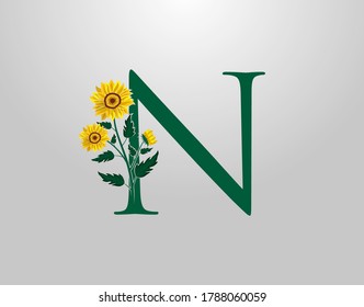 Letter N vector alphabet with sunflower. Flower Plant Logo Icon. Typography design