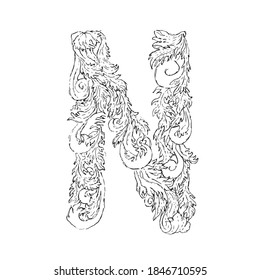Letter N, vector hand drawn monogram