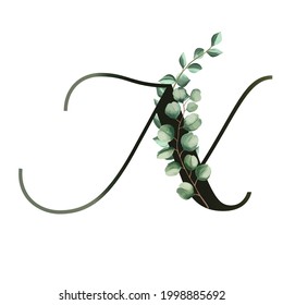 Letter N vector illustration with eucalyptus leaves. Floral alphabet. Monogram initials are perfect for wedding invitations, greeting card, logo, poster. Festive design.