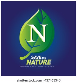 Letter N vector logo and icon save the nature. Go green poster design. Ecology campaign publication