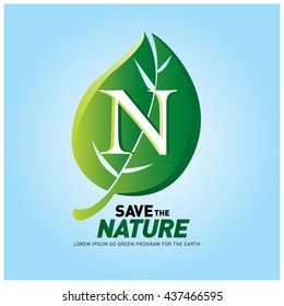 Letter N vector logo and icon save the nature. Go green poster design. Ecology campaign publication