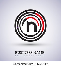 Letter N vector logo symbol in the circle thin line colored black and red. Design for your business or company identity.