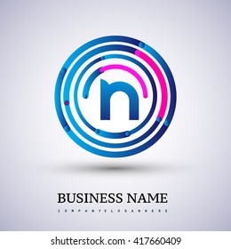 Letter N vector logo symbol in the circle thin line colored blue and red. Design for your business or company identity.