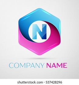 Letter N vector logo symbol in the colorful hexagonal on grey background. Vector template for your design