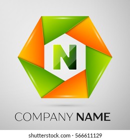 Letter N vector logo symbol in the colorful circle on grey background. Vector template for your design