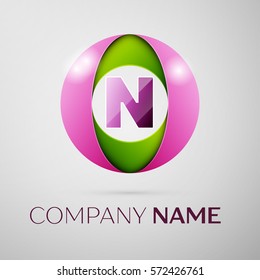 Letter N vector logo symbol in the colorful circle on grey background. Vector template for your design