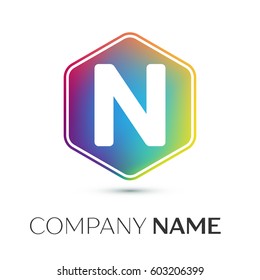 Letter N vector logo symbol in the colorful hexagonal on grey background. Vector template for your design