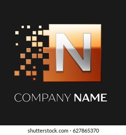 Letter N vector logo symbol in the colorful square with shattered blocks on black background. Vector template for your design